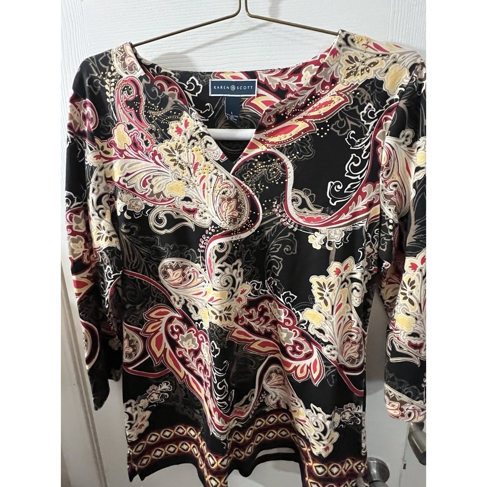 Karen Scott Women Floral Pullover 3/4 Sleeve Tunic Blouse Size Large